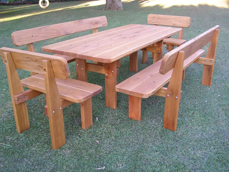 Five-piece commercial picnic setting with hardwood backrests