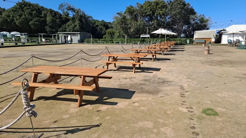 Billabong hardwood picnic tables on the former bowling green at Hallidays Point Sports Club