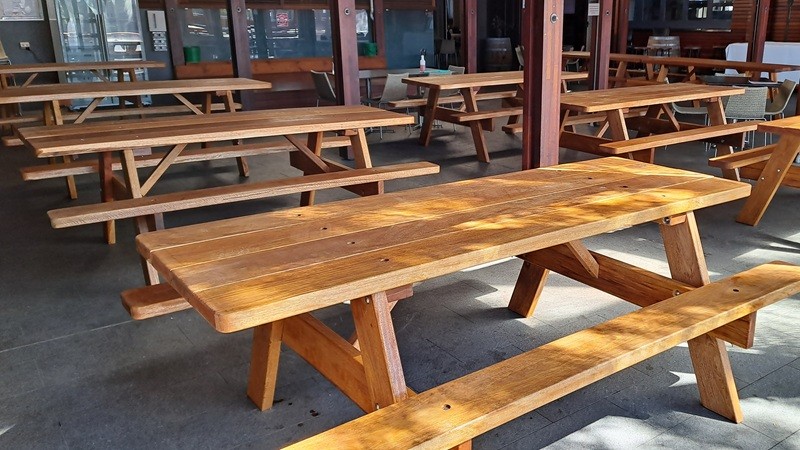 Wooden tables in a beer garden