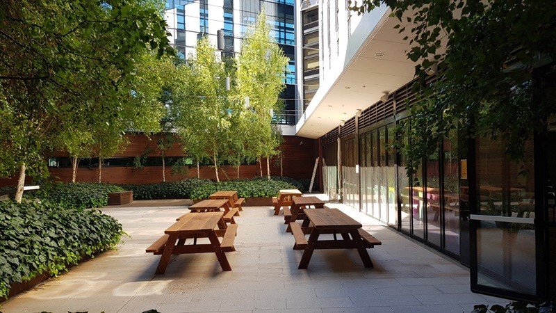 Picnic tables in smoking area