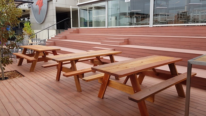 A few picnic tables at Sporties