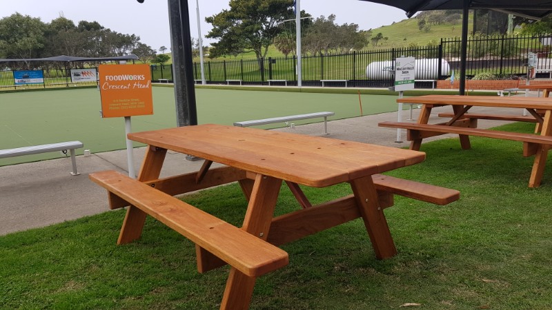 Hardwood outdoor furniture at Crescent Head Bowls Club