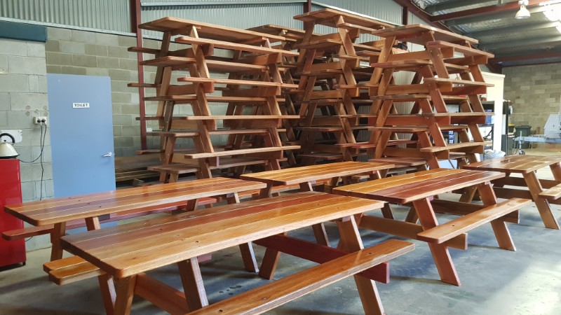 Picnic tables assembled and in stock in our factory