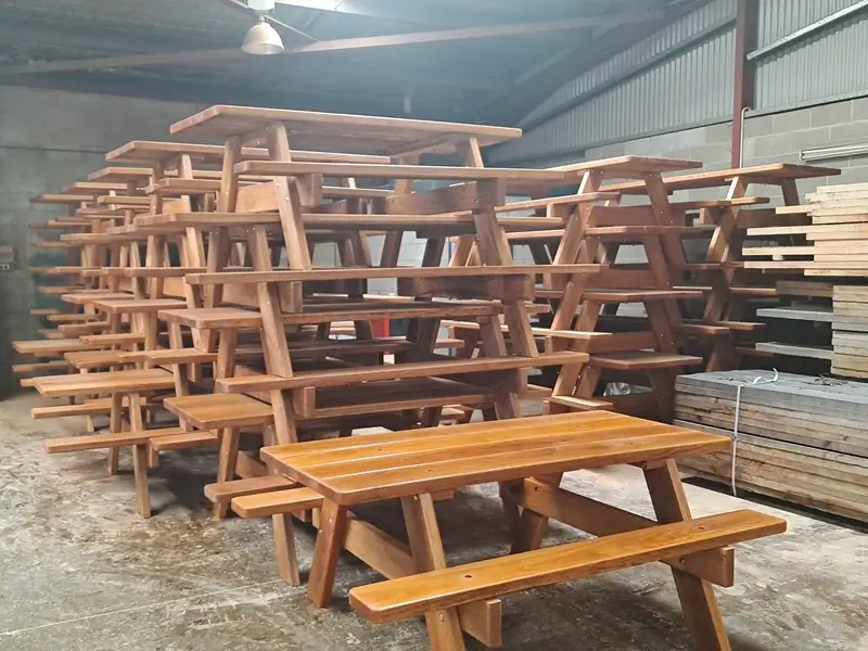 Australian hardwood outdoor furniture prepared at the Billabong factory