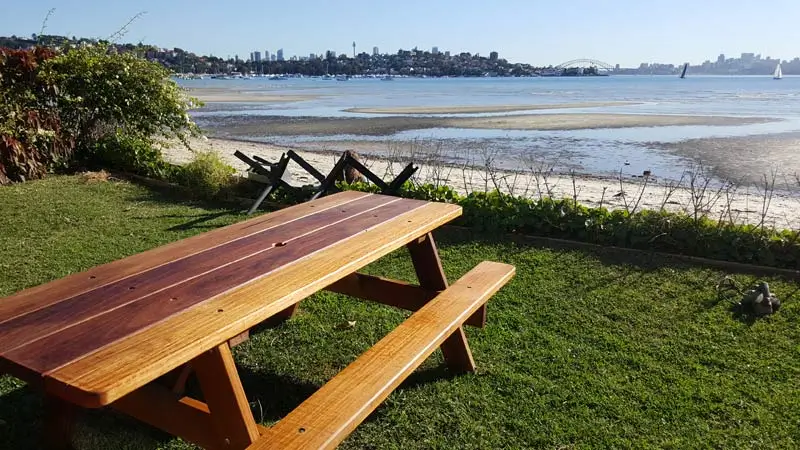 Restored Billabong picnic table overlooking Sydney Harbour