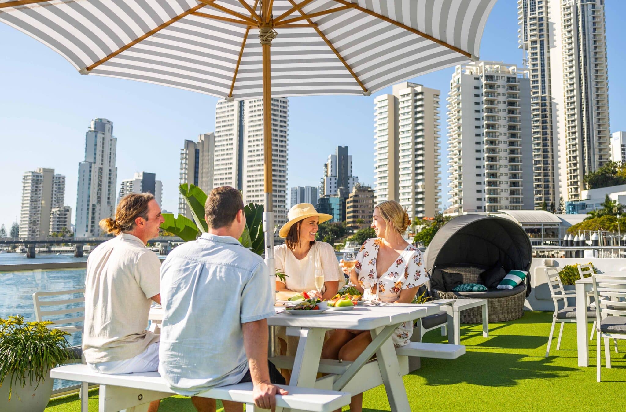 Picnic tables being used onboard a boat at Seaworld on the Gold coast