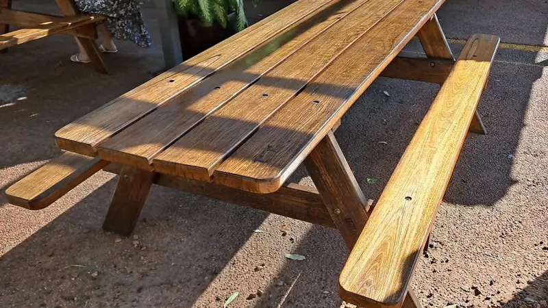 Twenty-year-old Billabong hardwood picnic table at a pub