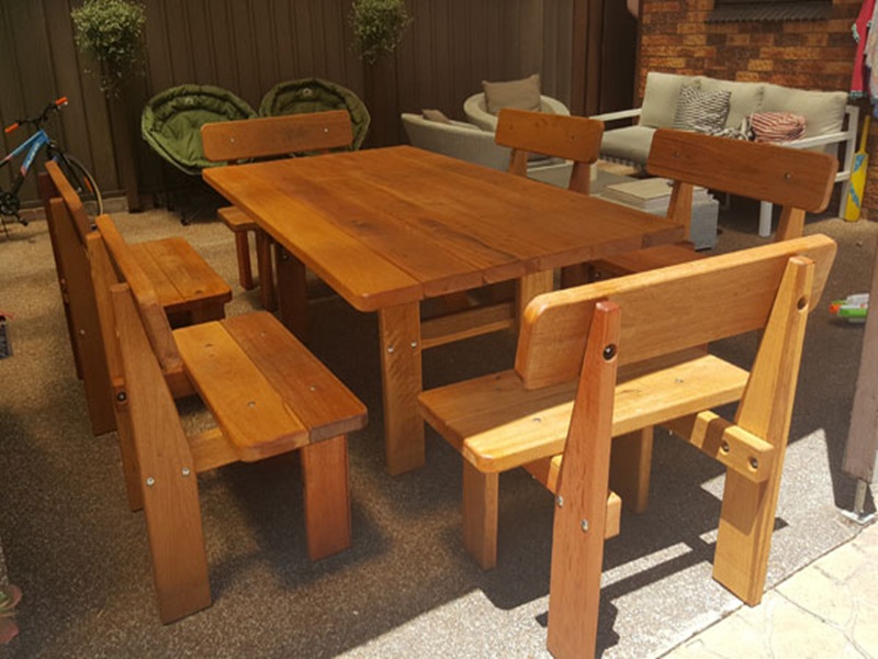 Six bench seats with back rests around a large table