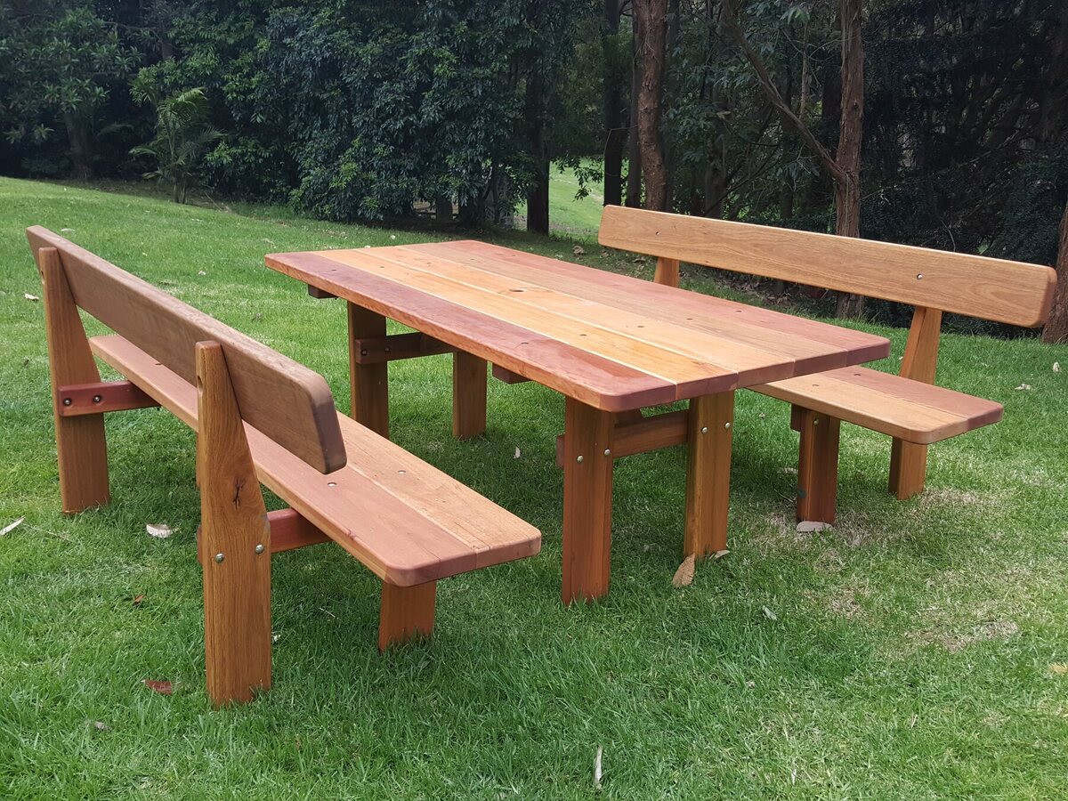 Hardwood picnic table with separate benches